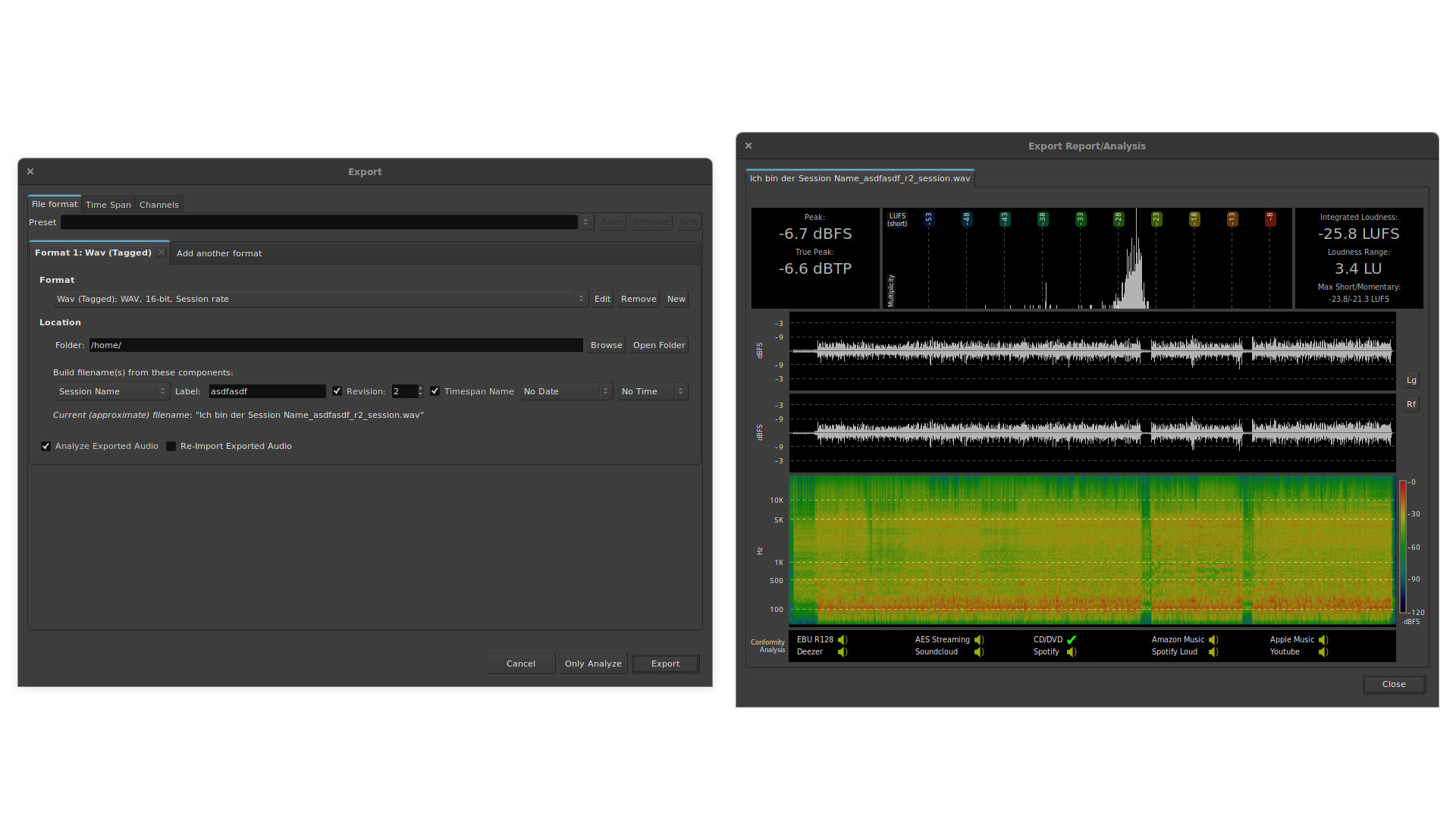 Zwei Ardour Fenster, Export Einstellungen und Export Audio Analyse