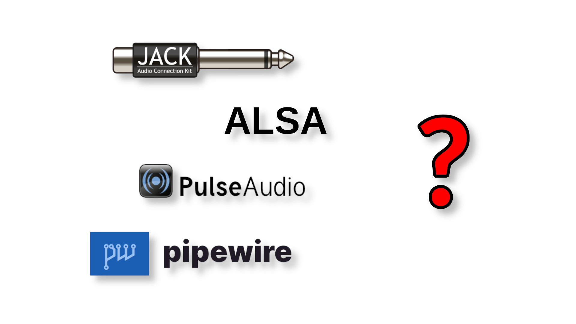 Logos der Linux Audio Systeme JACK, ALSA, Pulseaudio und Pipewire mit einem roten Fragezeichen